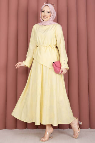 Asimetrik Kesim Bağcıklı Nakışlı Etek Takım Sarı - Thumbnail