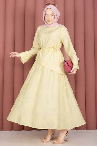 Asimetrik Kesim Bağcıklı Nakışlı Etek Takım Sarı - Thumbnail