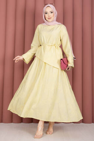 Asimetrik Kesim Bağcıklı Nakışlı Etek Takım Sarı - Thumbnail