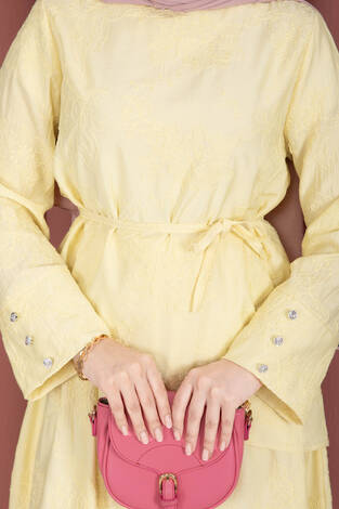 Asimetrik Kesim Bağcıklı Nakışlı Etek Takım Sarı - Thumbnail