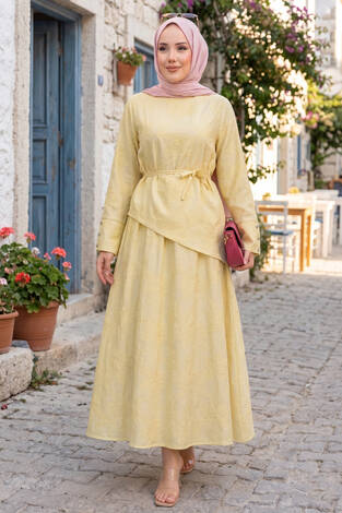 Asimetrik Kesim Bağcıklı Nakışlı Etek Takım Sarı - Thumbnail