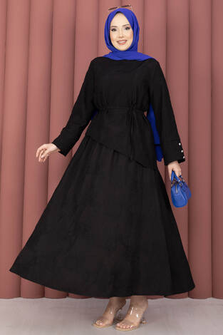 Asimetrik Kesim Bağcıklı Nakışlı Etek Takım Siyah - Thumbnail