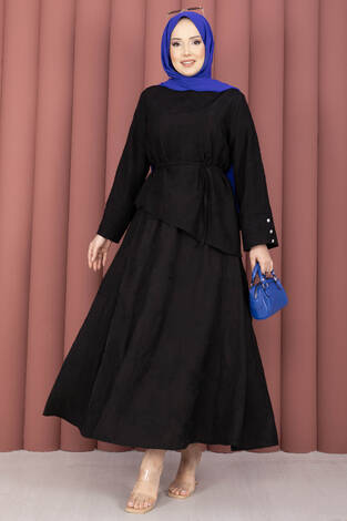 Asimetrik Kesim Bağcıklı Nakışlı Etek Takım Siyah - Thumbnail