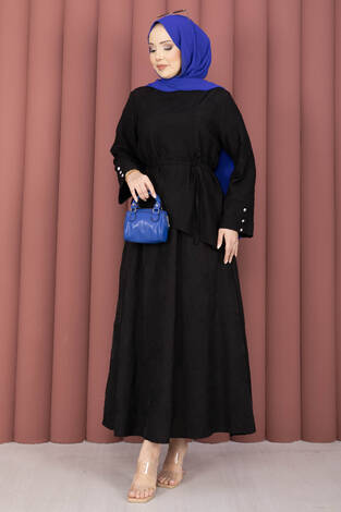 Asimetrik Kesim Bağcıklı Nakışlı Etek Takım Siyah - Thumbnail