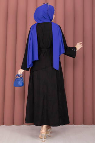 Asimetrik Kesim Bağcıklı Nakışlı Etek Takım Siyah - Thumbnail