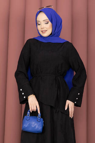 Asimetrik Kesim Bağcıklı Nakışlı Etek Takım Siyah - Thumbnail