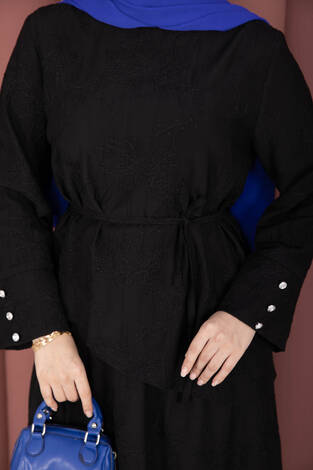 Asimetrik Kesim Bağcıklı Nakışlı Etek Takım Siyah - Thumbnail