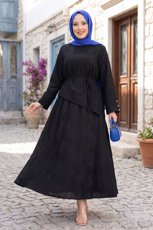 Asimetrik Kesim Bağcıklı Nakışlı Etek Takım Siyah - Thumbnail