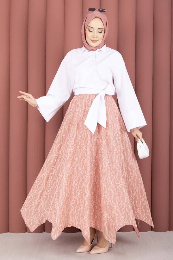 MD - Asimetrik Kesim Dantel Desenli Etek Gülkurusu