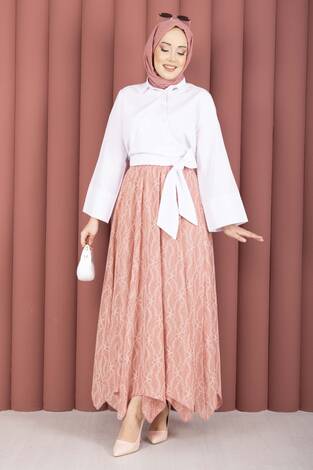 Asimetrik Kesim Dantel Desenli Etek Gülkurusu - Thumbnail