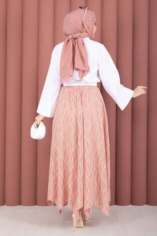 Asimetrik Kesim Dantel Desenli Etek Gülkurusu - Thumbnail