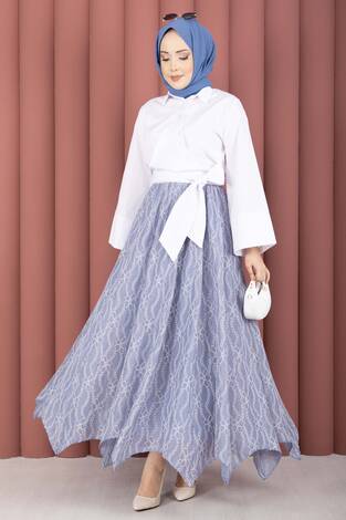 Asimetrik Kesim Dantel Desenli Etek İndigo - Thumbnail