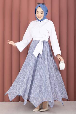 Asimetrik Kesim Dantel Desenli Etek İndigo - Thumbnail