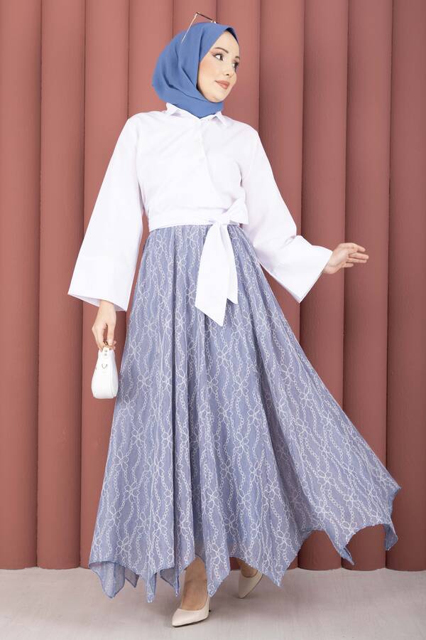 MD - Asimetrik Kesim Dantel Desenli Etek İndigo