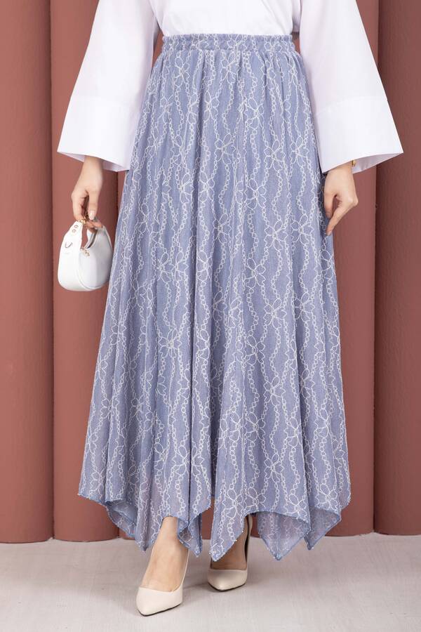 MD - Asimetrik Kesim Dantel Desenli Etek İndigo (1)