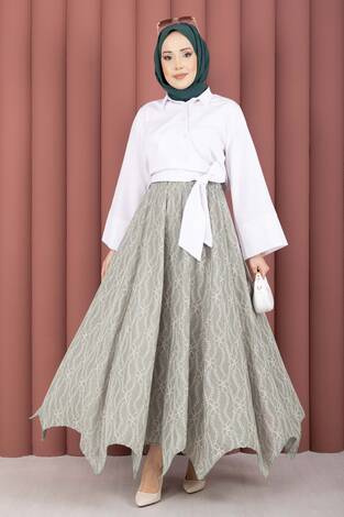 Asimetrik Kesim Dantel Desenli Etek Mint