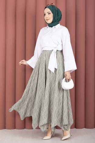 Asimetrik Kesim Dantel Desenli Etek Mint - Thumbnail