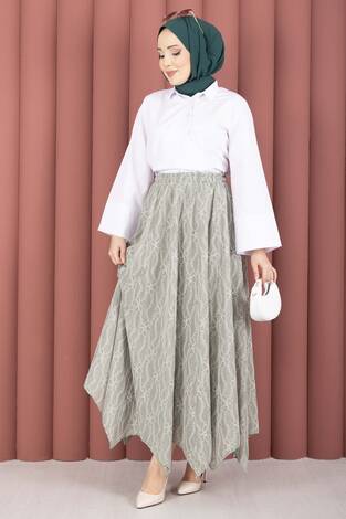 Asimetrik Kesim Dantel Desenli Etek Mint - Thumbnail