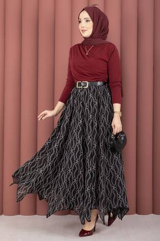 Asimetrik Kesim Dantel Desenli Etek Siyah - Thumbnail