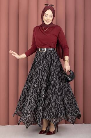 Asimetrik Kesim Dantel Desenli Etek Siyah - Thumbnail