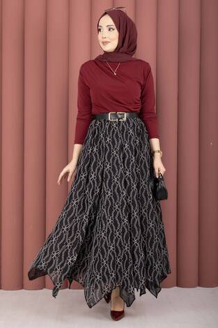 Asimetrik Kesim Dantel Desenli Etek Siyah - Thumbnail