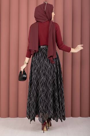 Asimetrik Kesim Dantel Desenli Etek Siyah - Thumbnail