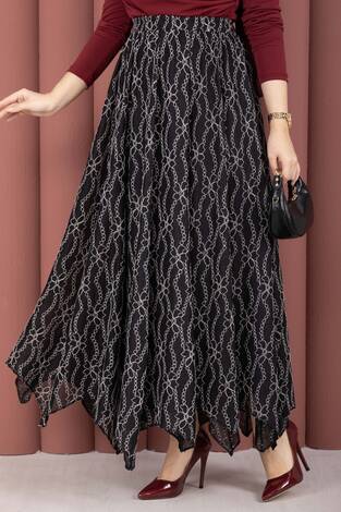 Asimetrik Kesim Dantel Desenli Etek Siyah - Thumbnail