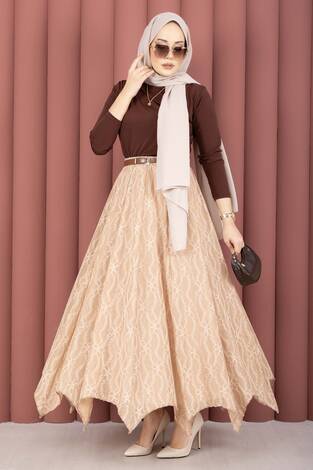 Asimetrik Kesim Dantel Desenli Etek Vizon - Thumbnail