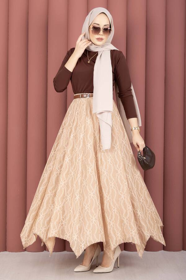 MD - Asimetrik Kesim Dantel Desenli Etek Vizon