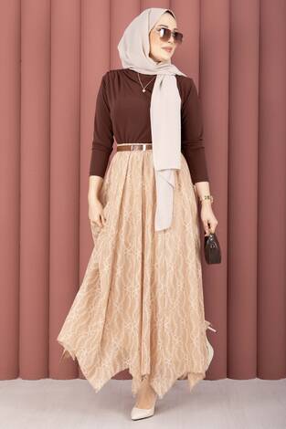 Asimetrik Kesim Dantel Desenli Etek Vizon - Thumbnail