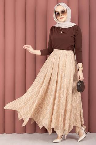 Asimetrik Kesim Dantel Desenli Etek Vizon - Thumbnail