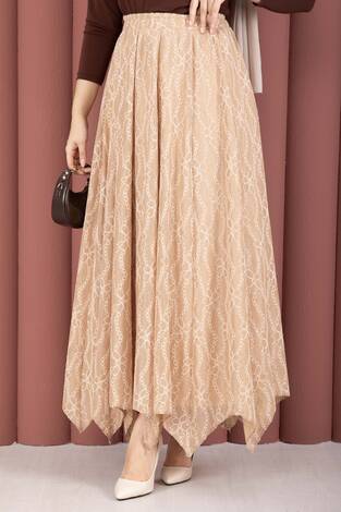 Asimetrik Kesim Dantel Desenli Etek Vizon - Thumbnail