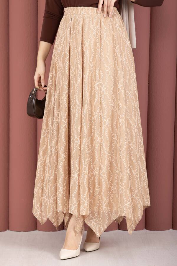 MD - Asimetrik Kesim Dantel Desenli Etek Vizon (1)