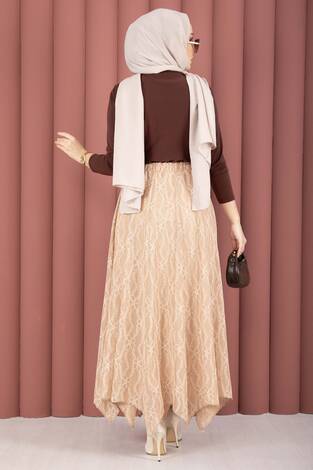 Asimetrik Kesim Dantel Desenli Etek Vizon - Thumbnail