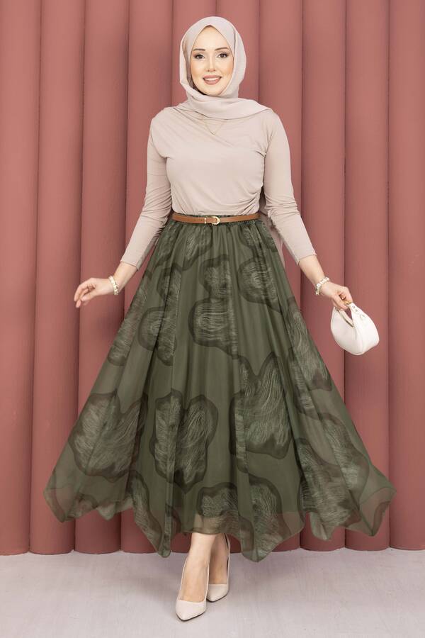 Svs - Asimetrik Kesim Desenli Tül Etek Haki