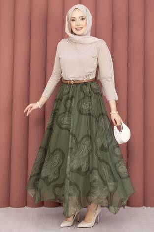 Asimetrik Kesim Desenli Tül Etek Haki - Thumbnail