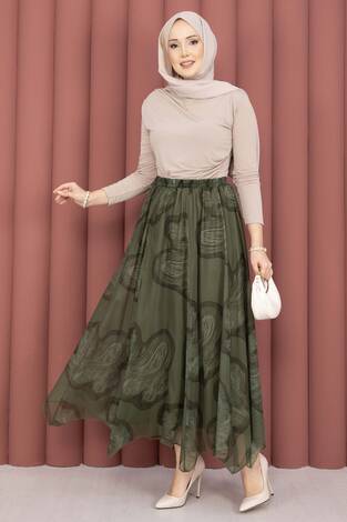 Asimetrik Kesim Desenli Tül Etek Haki - Thumbnail