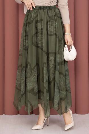 Asimetrik Kesim Desenli Tül Etek Haki - Thumbnail
