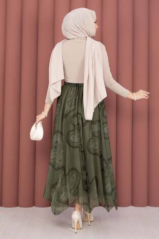 Asimetrik Kesim Desenli Tül Etek Haki - Thumbnail