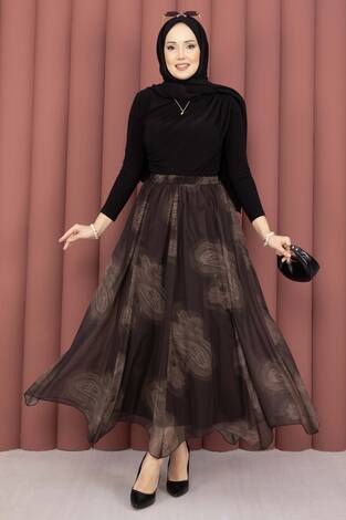 Asimetrik Kesim Desenli Tül Etek Kahve - Thumbnail