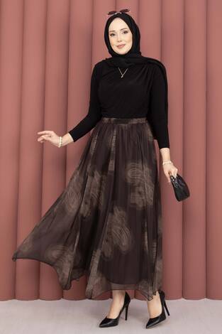 Asimetrik Kesim Desenli Tül Etek Kahve - Thumbnail