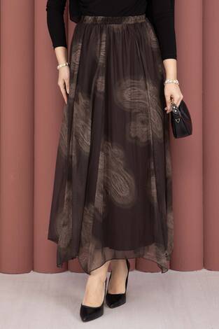 Asimetrik Kesim Desenli Tül Etek Kahve - Thumbnail