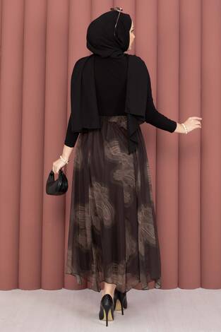 Asimetrik Kesim Desenli Tül Etek Kahve - Thumbnail