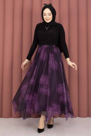 Asimetrik Kesim Desenli Tül Etek Mürdüm - Thumbnail