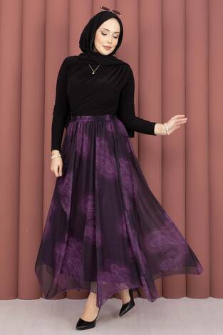 Asimetrik Kesim Desenli Tül Etek Mürdüm - Thumbnail