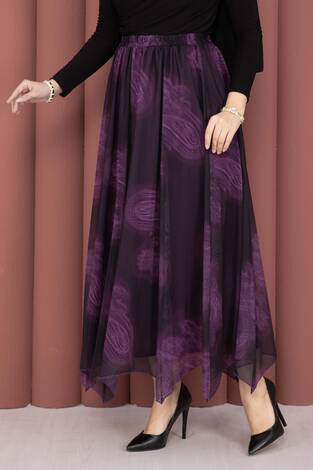 Asimetrik Kesim Desenli Tül Etek Mürdüm - Thumbnail