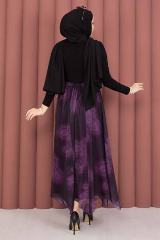 Asimetrik Kesim Desenli Tül Etek Mürdüm - Thumbnail