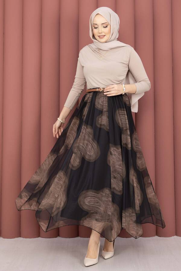 Svs - Asimetrik Kesim Desenli Tül Etek Siyah