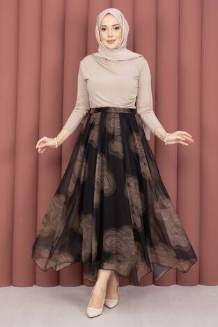 Asimetrik Kesim Desenli Tül Etek Siyah - Thumbnail