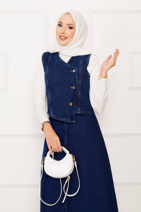 Max - Asimetrik Yelekli Etekli Kot İkili Takım Koyu Mavi (1) Max - Asimetrik Yelekli Etekli Kot İkili Takım Koyu Mavi (1)